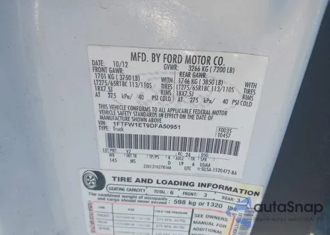 2013 Ford F-150 Xlt z USA, uszkodzony, nr VIN 1FTFW1ET9DFA50951